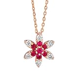 KnSam Au750 Rose Gold Kette Damen Echt Schmuck, 0.24ct Rubin Diamant Frauen Halskette Geschenk Blumen Anhänger Rundschliff Rose Rot Weiß, Damenkette 18K Gold, 45CM