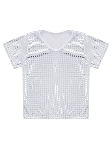 Zaldita Camiseta de manga corta para niños y niñas, con lentejuelas, brillante, camiseta de baile, hip hop, jazz, actuación, plata, 92-116