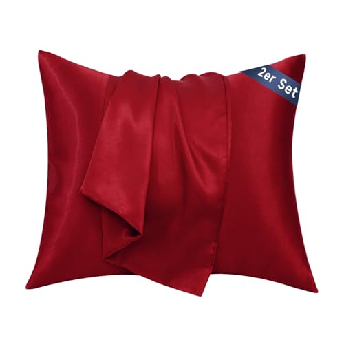 Taie Oreiller 65x65 Satin - Similaire aux Taie d Oreiller en Soie Lot de 2, Prend Soin de Votre Peau et de Vos Cheveux, Housse Coussin Satin Protege Oreiller (Vin Rouge, 65x65cm)