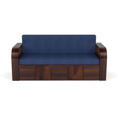 Image of Mamta Furniture Sheesham Wood Sofa Cum Bed with Storage for Living Room Bedroom | Wooden Diwan Sofa Set with Navy Blue Mattress | Solid Wood Sofa Bed in Walnut Finish
