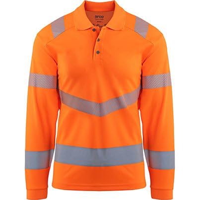 TROJAN Arco Mens Hi-Vis Long Sleeve Polo Shirt Orange Class 3 EN ISO 20471 & RIS-3279-TOM Recycled Polyester UPF 40+ UV Protection Reflective Tape Size M Mens Medium
