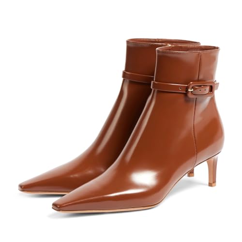 Adrizzlein Kitten Heel Booties for Women Sexy Pointed Toe Ankle Boots Patent Leather Booties Fall Winter Shoes With Zipper