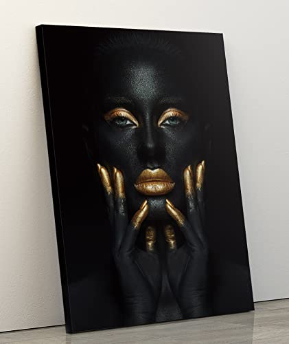 Tuyashua Wall Art Canvas Painting With Frame (11.5×15 Inch), Black And Golden Fashion Black Woman Portrait Artwork African American Wall Art Modern Wall Decor For Living Room Bathroom Hallway, Hrxx01 #TOP2