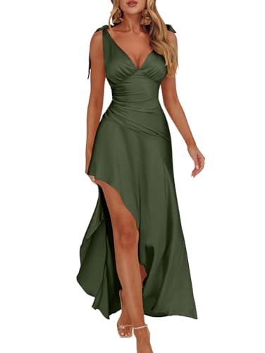 LAGSHIAN Women's Summer V Neck Sleeveless Bodycon Ruched Irregular Hem Cocktail Party Satin Flowy Maxi Dress