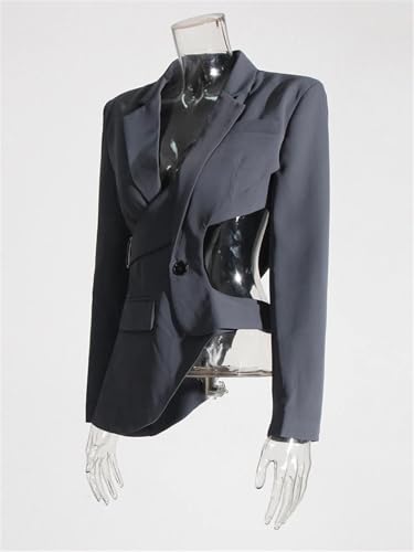 Women's Hollow Backless Blazer Notched Collar Patchwork Button Irregular Blazer3