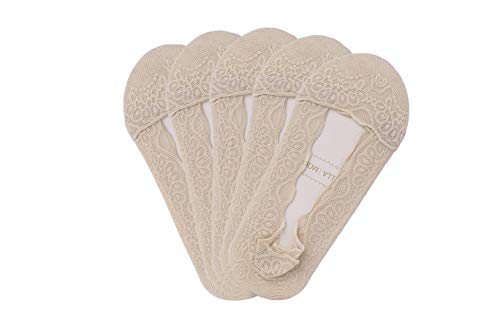 Bella Moda Women's Lace Casual No Show Non-skid Boat Socks Set of 5 (Beige Style 2)