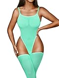 Kaei&Shi High Cut Bodysuit & Thigh High,Sheer Mesh Spaghetti Strap Sexy Tops Women,Low Back Snap Body Suit Rave Festival Club,Mint Green,Small