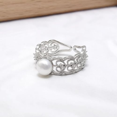 Silver Pearl Ring, Real Freshwater Pearl Rings for Women, Luxury Wedding Ring with Cubic Zirconia, Adjustable June Birthstone Ring Jewlery Gift2