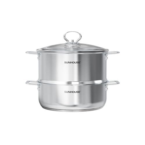 Comparison: Best Tiered Steamer Pot 4 SUNHOUSE 2-Tier Stainless Steel Steamer Pot with Lid - Larger 5.5 QT Steamer & 3.8 QT Stockpot Base - Induction Ready, Compatible with All Cooktops - Multipurpose for Vegetables & Dumplings