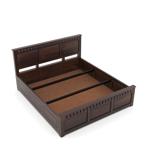 Image of Sheesham Wood King Size Bed with Storage Box | Wooden Box Bed King Size Double Cot Bed with Storage for Bedroom | Premium Kuber Dalla Design Headboard Bed for Hotel, Home | Walnut Finish