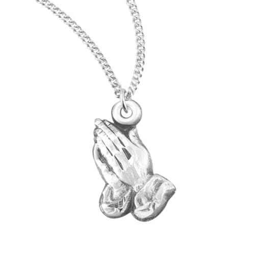 Women's .925 Sterling Silver Praying Hands Medal Pendant Necklace on 18 InchRhodium Plated Stainless Steel Chain, Catholic Medal Christian Faith Jewelry, Made in USA- Deluxe Velvet Gift Box Included