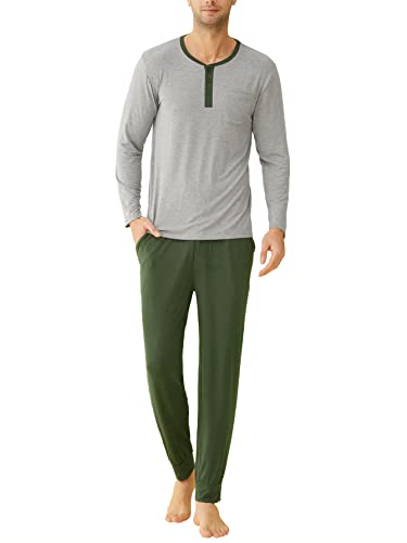 Latuza Men's Viscose Pajamas Set Henley Long Sleeves Top Pants XXL ArmyGreen