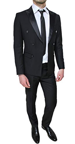 abito completo Evoga Abito Uomo Sartoriale in Raso Nero Doppiopetto Completo Smoking Elegante Cerimonia (48, Nero)