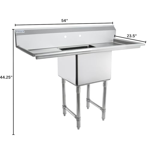 Image of Empura 54 inch Wide Stainless Steel One Compartment Commercial Sink | Utility 18 inch x 18 inch Bowl for Restaurant Laundry Garage | (2) 18 inch Drainboard, 9.75 inch Backsplash, 54 inchW x 23.5 inchD x 44.25 inchH, 16 Gauge, NSF