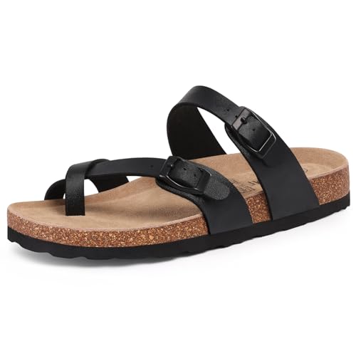 Image of KIDMI Women's Cork Footbed Sandals with Toe Loop, Comfortable Summer Slip-On Slides with Adjustable Buckle