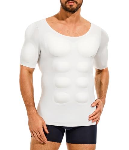 Nebility Padded Mens Compression Shirt - Short Sleeve Men Body Shaper Fake Muscle Shirts Body Builder Suit Removable Pad - White Large