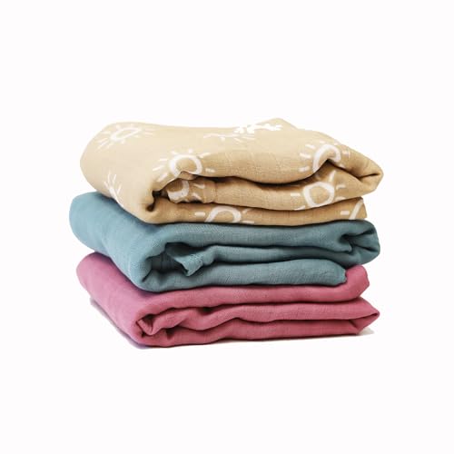 Image of Hugzi Muslin Swaddle Baby Blanket, 3 Pack for Newborn Boys & Girls, Sun Pattern, Ultimate Comfort for Your Baby! Soft, Breathable, and Durable. Perfectly Sized at 47x47 inches.