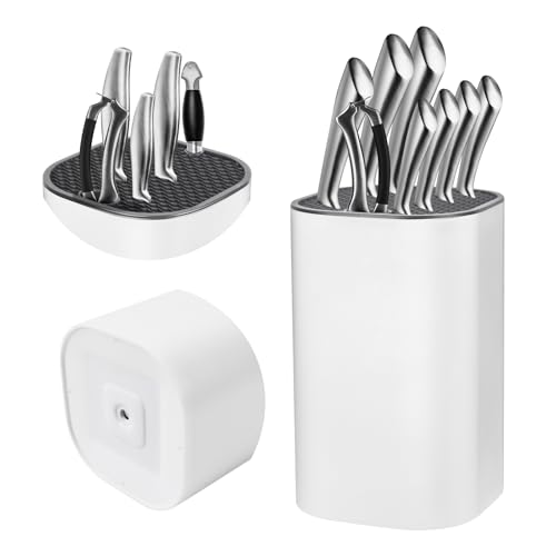 White Knife Block Without Knives Ninonly 3 in 1 Universal Square Knife Block with Scissors Slot and Sharpening Rod Detachable Kitchen Knife Holder for Easy Cleaning Space Saver