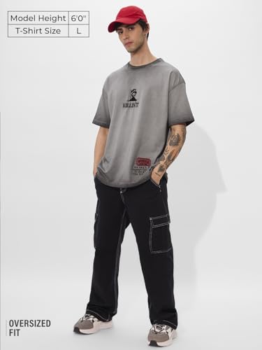 Image of The Souled Store Killin' It Men and Boys Short Sleeves Round Neck Grey Embroidered Cotton Oversized T-Shirts