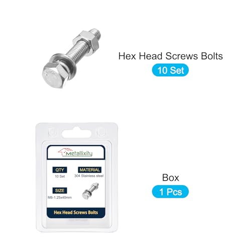 Image of METALLIXITY Hex Head Screws Bolts, Nuts, Flat & Lock Washers Kits (M8-1.25x40mm) 10 Set, Stainless Steel Fully Threaded Machine Screws Bolt Set - for Home Appliance Equipment