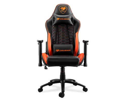 Image of COUGAR Outrider Black Comfortable and Durable Gaming Chair, Steel Frame, Metal Base, Reclining Backrest, Breathable Premium PVC Leather, Adjustable Neck & Lumbar Pillow - (Black & Orange)