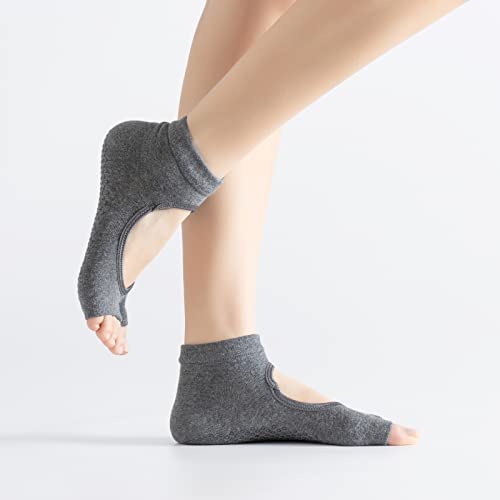 Image of Yoga Pilates Toe Socks Toeless Socks with Grips for Women Non Slip Cushioned Low Cut Ankle Socks for Dance