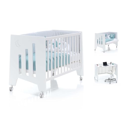 Alondra - Cuna Bebe colecho Madera Blanca 120x60 (3en1) Convertible en 3 etapas: Cuna, colecho y Escritorio Infantil. para unirla a la Cama y se Convierte en Mesa OMNI-K10-M7700