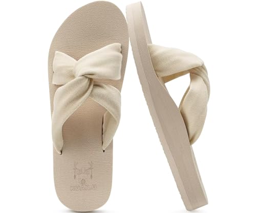 KuaiLu Womens Dressy Sandals Arch Support Yoga Mat Memory Foam Comfortable Cushion Walking Cross Slides Ladies Summer Beach Pool Slip on Orthotic Slippers Cream Beige 6