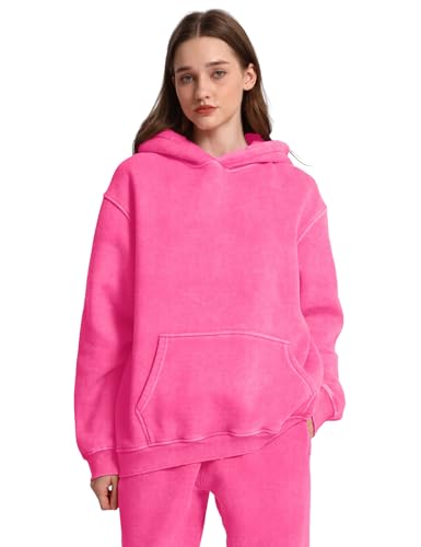 Image of FAIABLE Womens Oversized Acid Wash Hoodie Unisex Heavyweight Cotton Hoodies Fleece Vintage Washed Sweatshirt Women Men