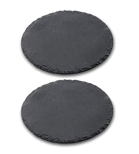 GASTRO 2 Unidades x Platos Pizarra Redondos Ø 25 cm - Piedra Pizarra Negra Natural con Cantos Acabado Rústico - Protecciones Antideslizantes en la Base - Bajoplatos, Apto Uso Alimentario