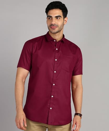 Image of MILDIN Men's Cotton Blend Solid Shirt with Spread Collared Half Sleeve Curved Hemline Button Closure Regular Fit and One Pocket | Half Sleeve Shirt for Men