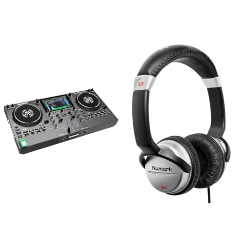 Numark Mixstream Pro Go Standalone DJ Controller with Battery, Speakers, Amazon Music Unlimited, WiFi, Touchscreen and Numark HF125 Professional DJ Headphones with 40mm Drivers, Silver, Оne Расk