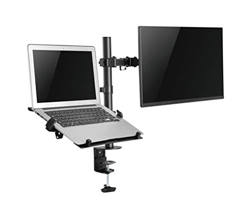 JIN OFFICE Dual Monitor Stand Arm With Laptop Tray | Supports upto 32 inches and 8 kg Weight Cap. per Arm| Alloy Steel Height Adjustable Monitor Stand With Laptop Plate (Black) (Black)