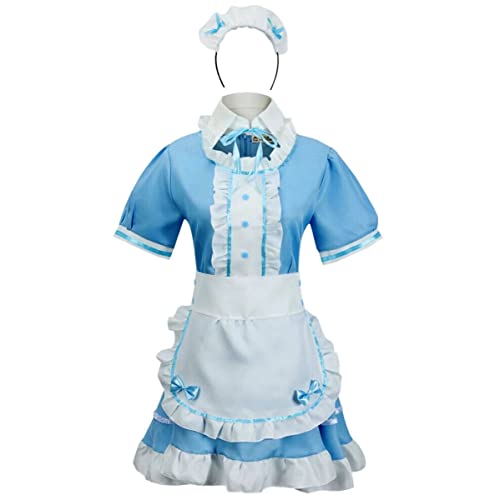 Disfraz de criada Tzm2016, de Anime Cosplay para Halloween, 4 piezas que incluye vestido, ropa de cabeza, delantal, cuello falso, azul, Medium