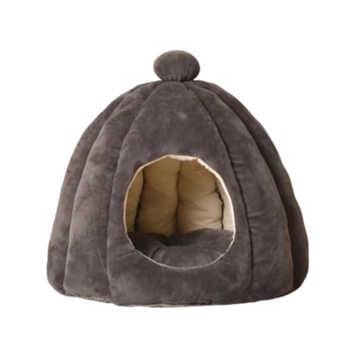 猫 ベッド ペット ハウス ドーム型 ふわふわ 可愛い カボチャ 柔らかい クッション付き ソフト 滑り止め 洗える 寝床 暖かい 防寒 キャット 小型犬 小屋 ペット用品 冬 (ダークグレー,S(38*32CM))