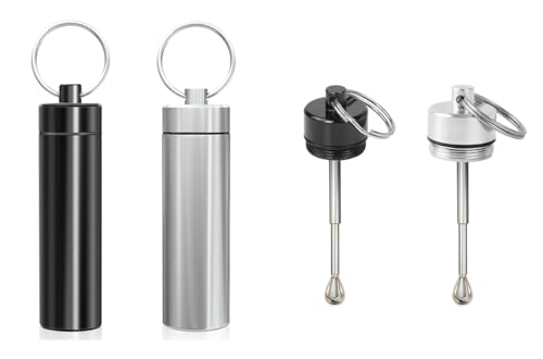 Portable Keychain Spice Jar with Adjustable Spoon Aluminum Alloy 2.2 x 0.6 Inch Leak-Proof 2 Pack (Black & Silver) (Aluminum Alloy)