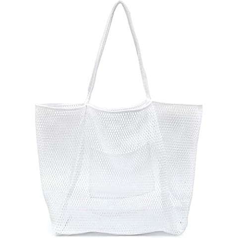 Smooce Mesh Beach Tote Bags,Extra Large Summer Beach Bags Reusable Shopping Bag for Women,Folding Lightweight Tote Shoulder Bag with Pocket for Picnic Holiday Travel Swinmming Grocery (white) Cover