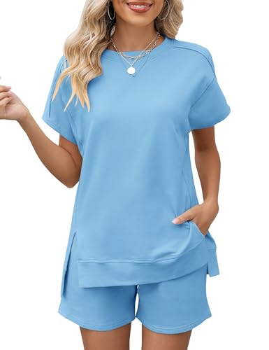 Image of LOMON Womens 2 Piece Outfits Sweatsuits Short Sleeve Loungewear Shorts Sets | Womens Fashion 2 Piece Outfits Sweatsuits 2026 Short Sleeve Summer Loungewear Tracksuit Round Neck Lounge Shorts Sets