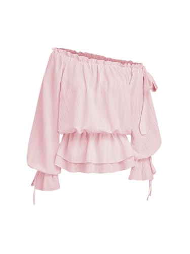 CIDER Women Asymmetrical Neck One Sholud Lantern Long Sleeve Knotted Ruffle Hem Casual Blouse