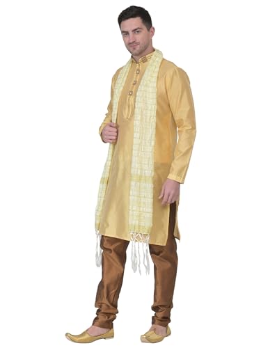 Image of ITOS365 Men's Tunic Art Silk Kurta Pajama and Scarf Suit Set Indian Clothing Wedding Party Dress Gifts Items