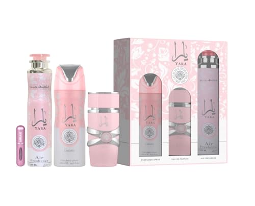 Lattafa Yara Set de Regalo 4 en 1 para Mujer – Perfume EDP 100ml + Desodorante 200ml + Ambientador 300ml + Atomizador Recargable, Fragancia Árabe Gourmand Vainilla y Frutas Tropicales (Yara Gift Set)