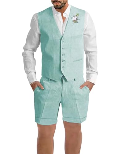 EMERAIDVLN Men's Linen Suit 2 Piece Slim Fit Vest and Shorts Set Summer Casual Lightweight Groomsmen Beach Wedding Suits - Main Image