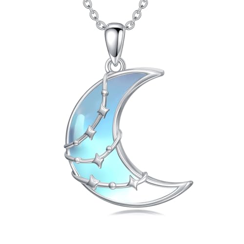 LONAGO Crescent Necklace Moonstone Moon and Star Pendant 925 Sterling Silver Crescent Moon Star Pendant Jewelry Gift for Girlfriend Women Wife