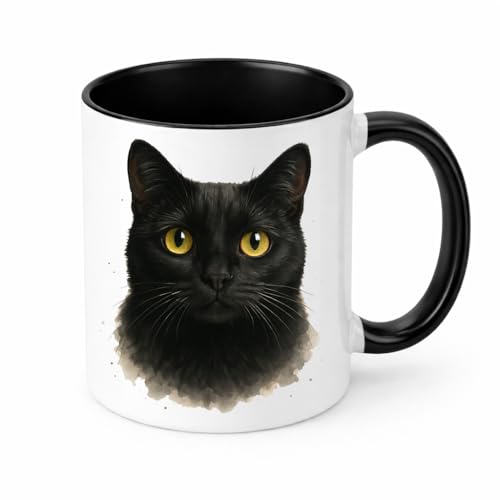 Image of Brew Crew Gifts Black Cat Watercolour Mug, White Ceramic, 11 oz, Dishwasher Safe, Microwave Safe, Yellow Eyes Design, Double-Sided Print (Black)