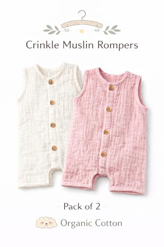 Image of La Vie BabyCare Organic Crinkle Muslin Rompers for Babies |Soft, Lightweight Infant Bodysuits, Gentle on Sensitive Skin, Summer Wear, Multicolor Stylish Baby Outfit, Pack of 2 (3-6 Months)