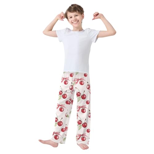 Pajama Bottoms, Cherry Ribbon Bow Pajamas Pant Sleep Long Pants Pink Lounge Wear Elastic Waist Sleepwear Pjs2