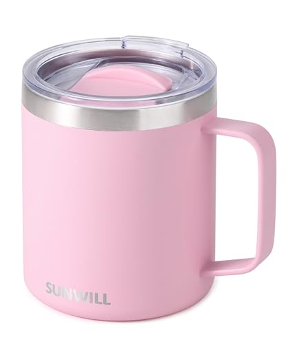 Image of SUNWILL Insulated Coffee Mug with Lid, Travel Tumbler Reusable, 14 oz Stainless Steel Cup for Camping, Office, Home, Powder Coated Sakura