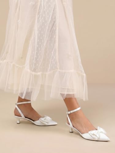 Image of Coutgo Womens Satin Kitten Low Heels Bow Pearl Closed Pointed Toe Pumps Ankle Strap Wedding Dress Shoes