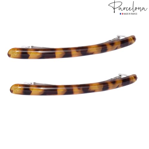 Parcelona French Skinny Rounded Light Shell Savana Large 4” Celluloid Automatic Set of 2 Hair Clip Barrettes for Women and Girls miniatura 3