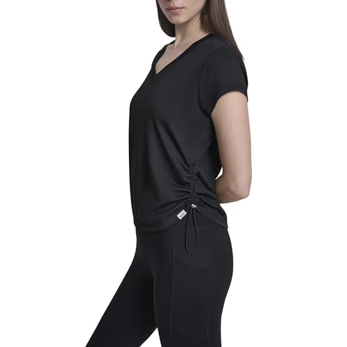 Image of DKNY Women's Short Sleeve V-Neck Tech Ruched Side Seam Active T-Shirt